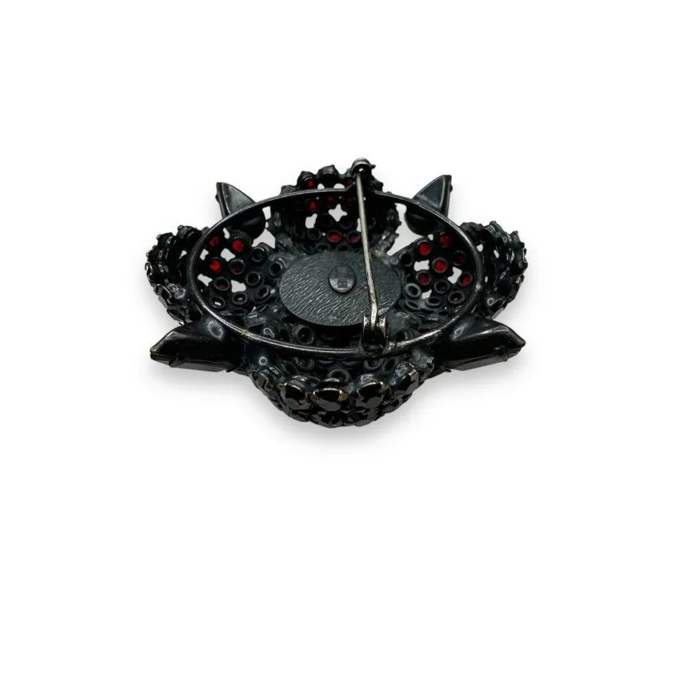 Vintage Warner Red Crystal Flower Brooch Pin Japanned Metal 2.5" Diameter - Picture 6 of 13